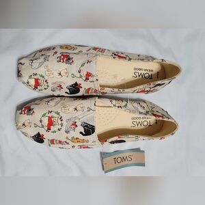 NWT TOMS Beige Canvas Slip-Ons with Multi-Color Cat Print